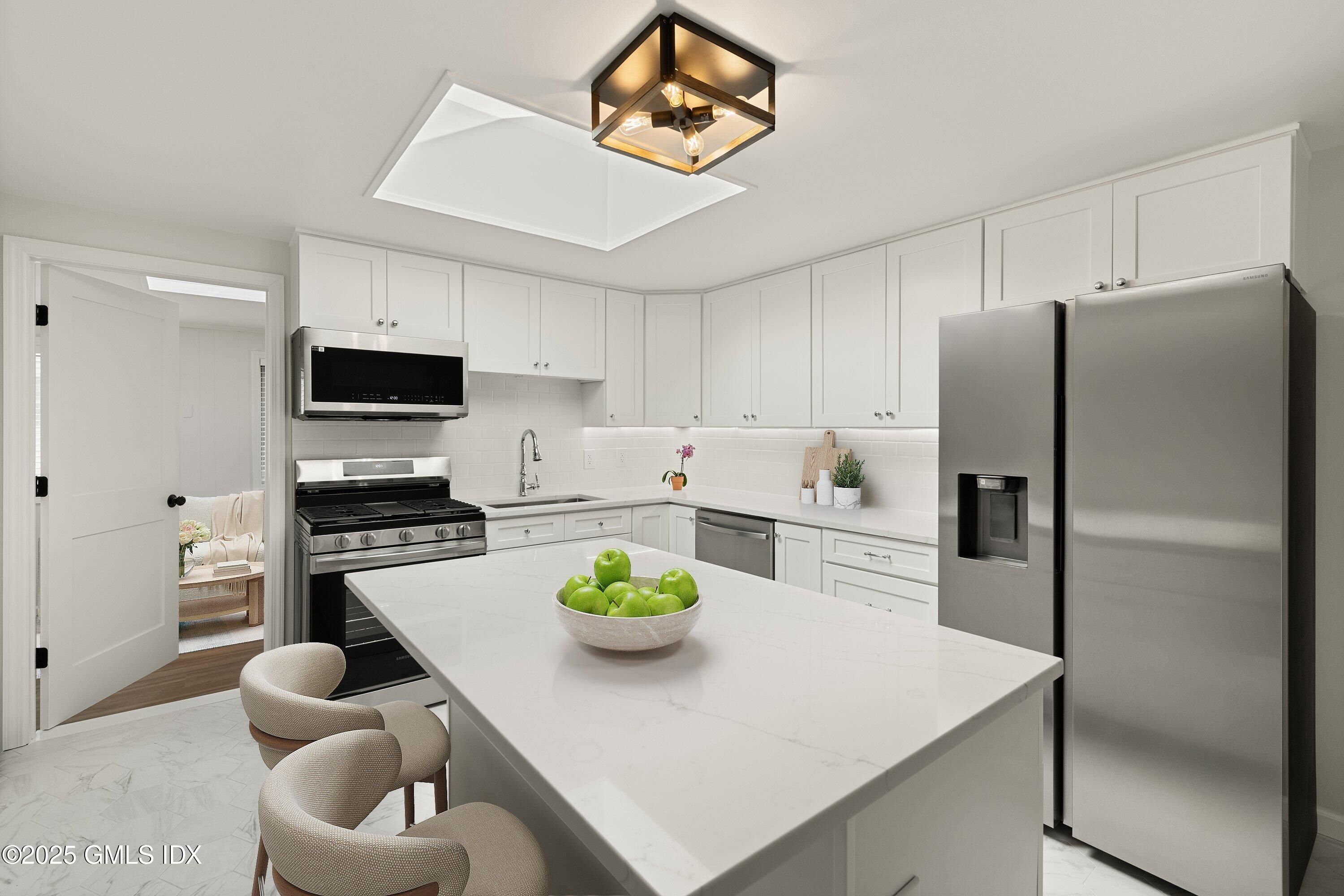 Interior, Kitchen, Marble, Stainless Steel Appliances, Wood Texture Flooring