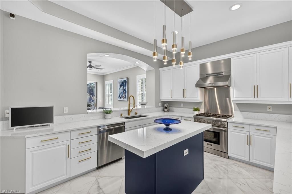 Interior, Kitchen, Marble, Pendant Lights, Recessed Lighting, Stainless Steel Appliances