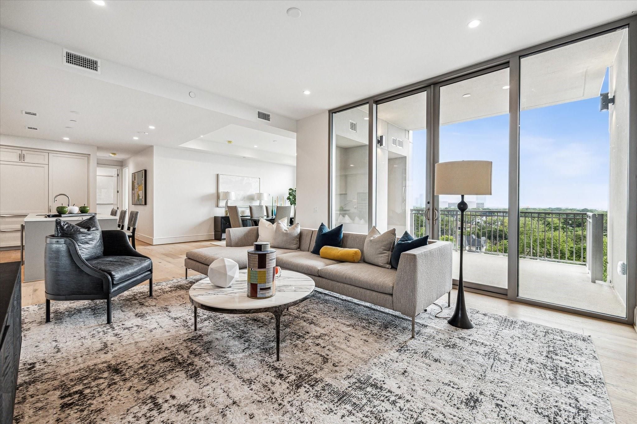 Dining room, Interior, Kitchen, Living room, Recessed Lighting, Wood Texture Flooring