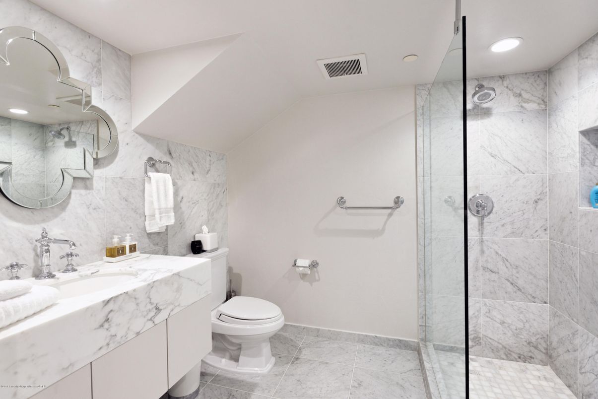 Bathroom, Glass Shower, Interior, Marble, Marble Walls, Recessed Lighting