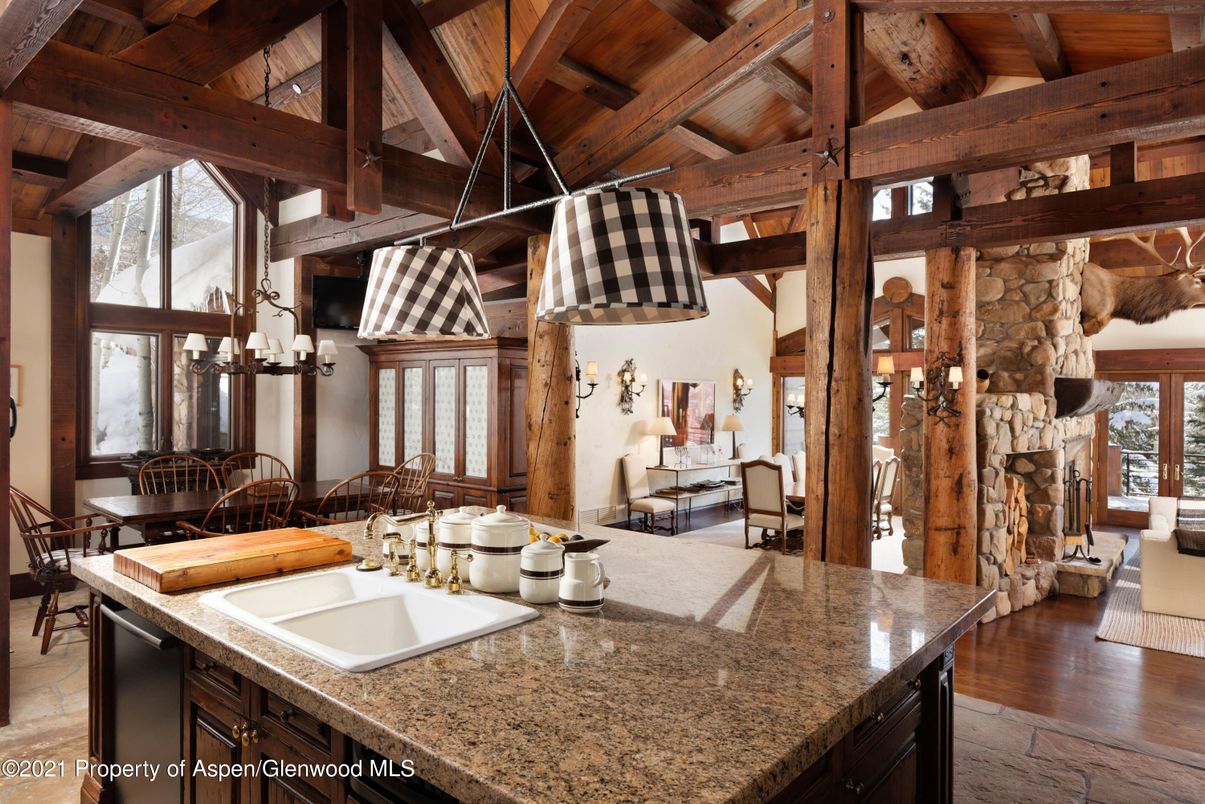 Chandelier, Dining room, Fireplace, Interior, Pendant Lights, Wooden Beams, Wooden Ceilings, Wood Texture Flooring
