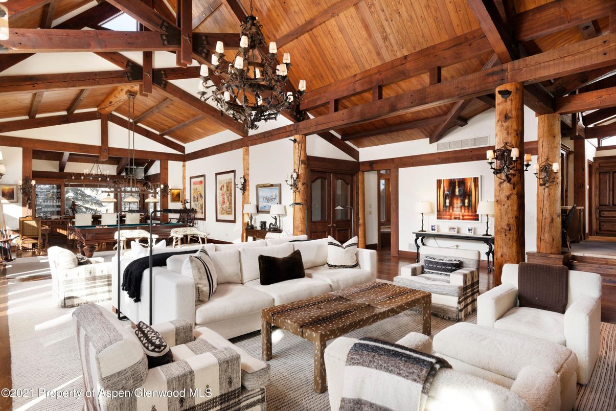 Chandelier, Dining room, Fireplace, Interior, Living room, Pendant Lights, Wooden Beams, Wooden Ceilings, Wood Texture Flooring