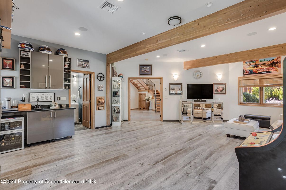 Interior, Kitchen, Living room, Recessed Lighting, Stainless Steel Appliances, Wooden Beams, Wood Texture Flooring