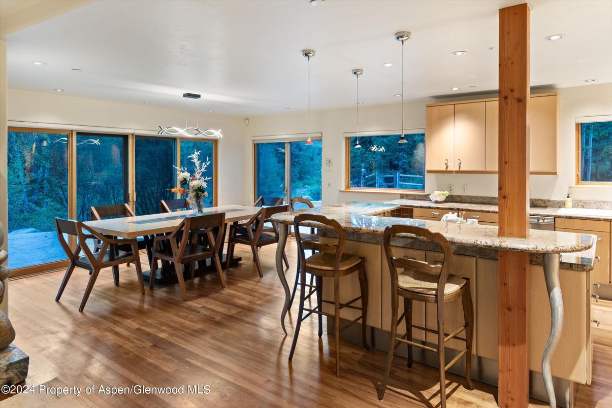 Dining room, Interior, Pendant Lights, Recessed Lighting, Wood Texture Flooring
