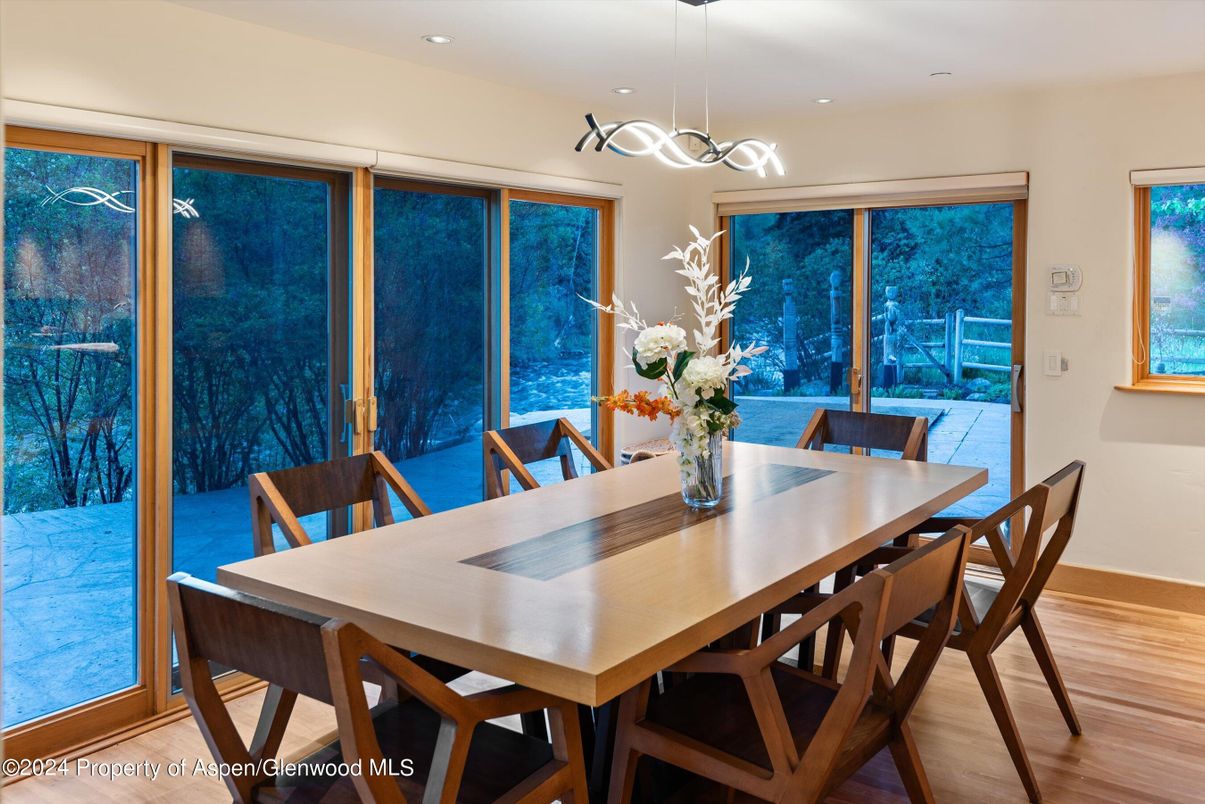 Dining room, Interior, Pendant Lights, Recessed Lighting, Wood Texture Flooring