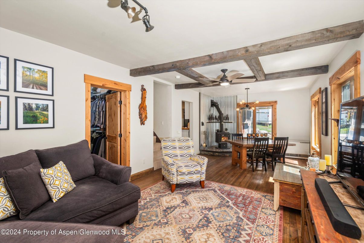 Dining room, Interior, Pendant Lights, Recessed Lighting, Wooden Beams, Wood Texture Flooring