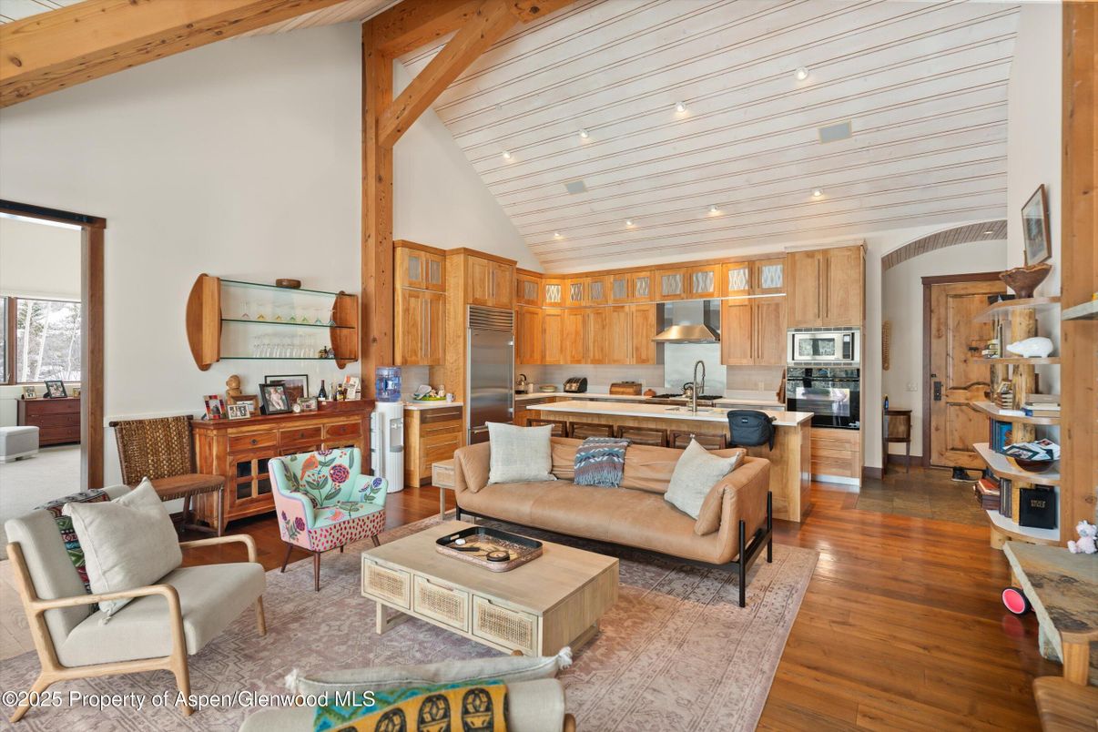 Interior, Kitchen, Living room, Recessed Lighting, Stainless Steel Appliances, Wooden Beams, Wood Texture Flooring