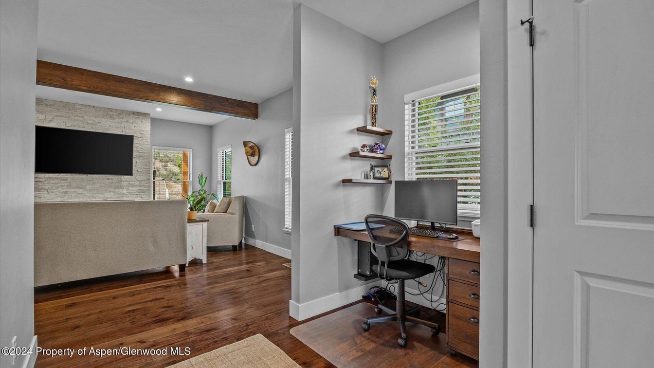 Home Office, Interior, Recessed Lighting, Stone Walls, Wooden Beams, Wood Texture Flooring