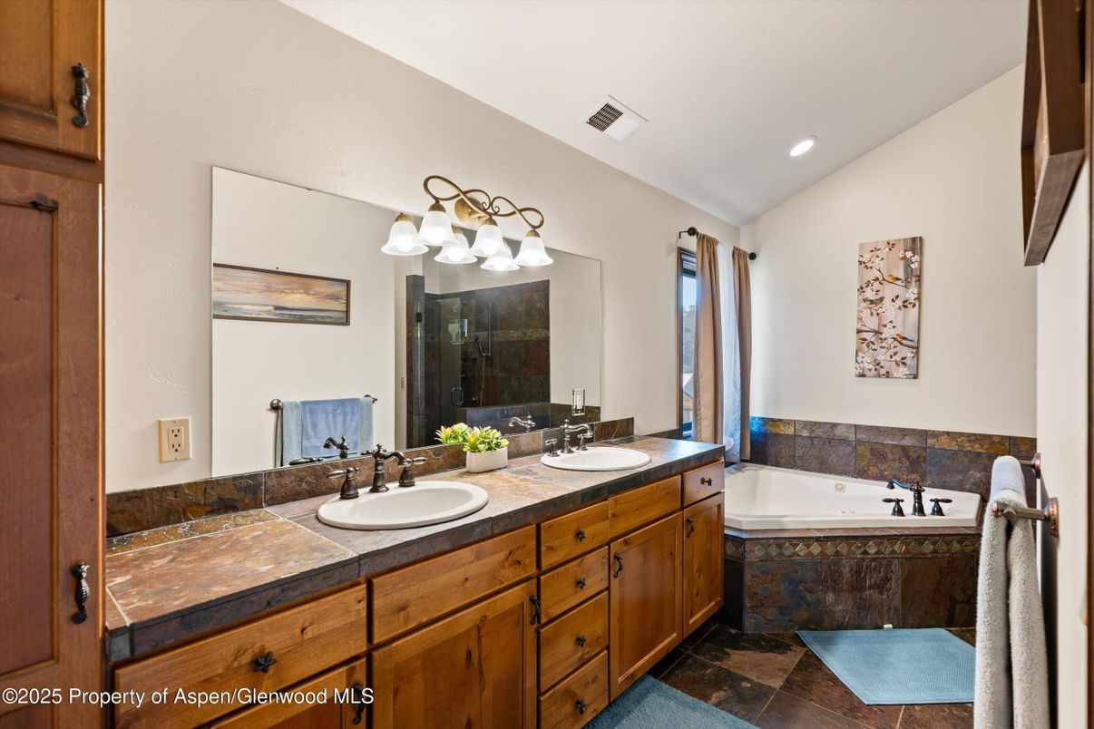 Bathroom, Dual Sink Vanities, Interior, Recessed Lighting, Tile Countertops
