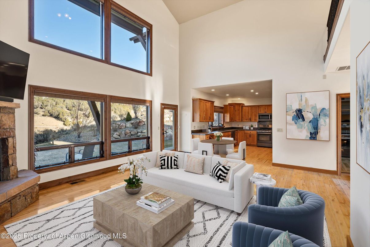 Fireplace, Interior, Kitchen, Living room, Recessed Lighting, Stainless Steel Appliances, Wood Texture Flooring