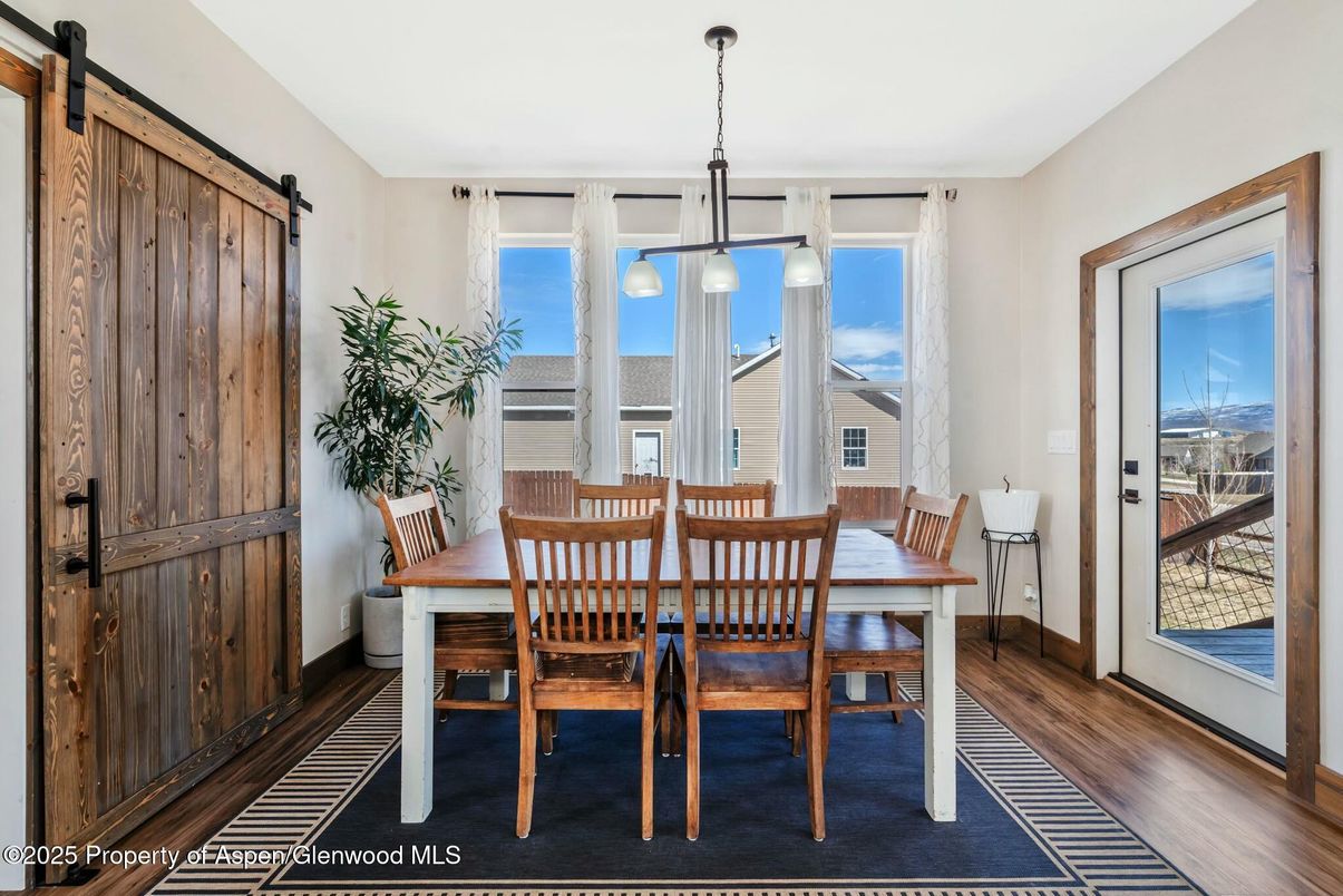 Dining room, Interior, Pendant Lights, Wood Texture Flooring