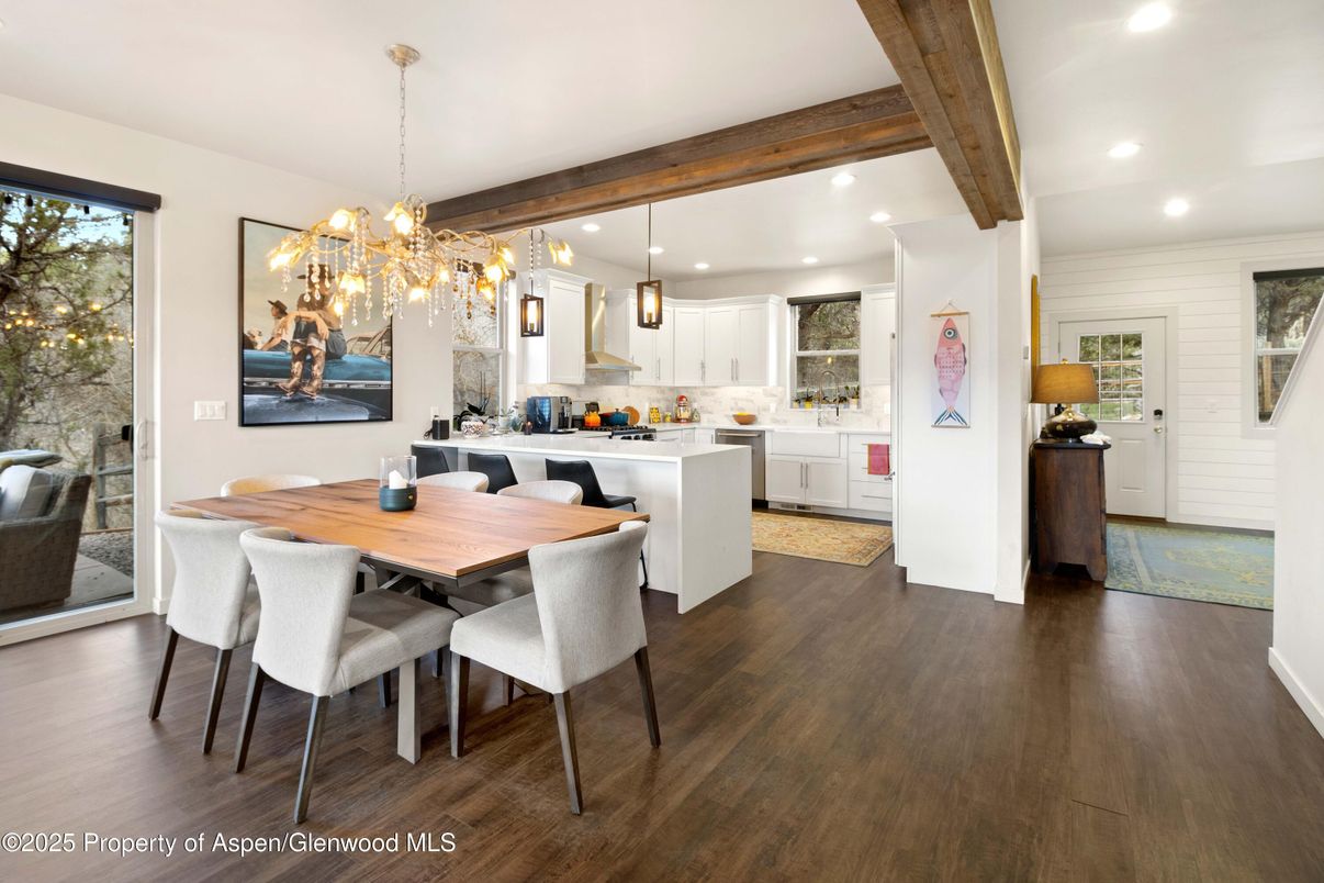 Dining room, Interior, Kitchen, Pendant Lights, Recessed Lighting, Wooden Beams, Wood Texture Flooring