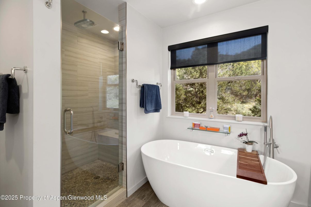 Bathroom, Free Standing Baths, Glass Shower, Interior, Recessed Lighting