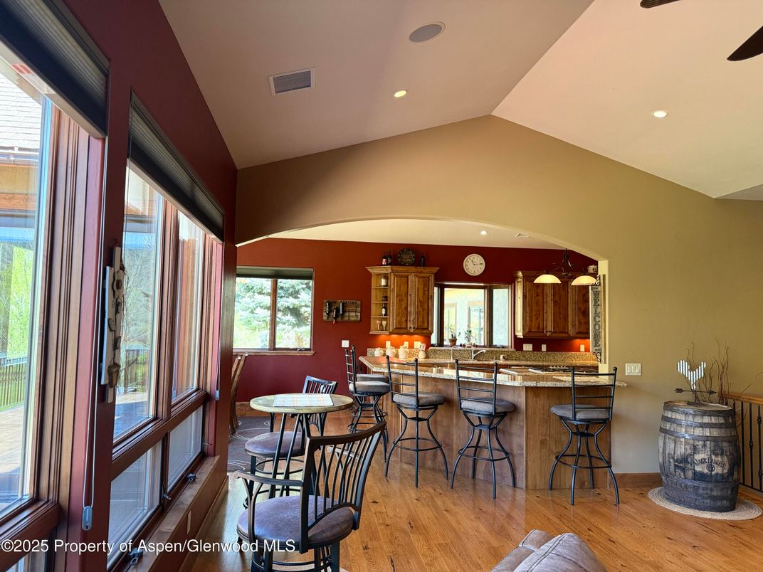 Dining room, Interior, Recessed Lighting, Wood Texture Flooring