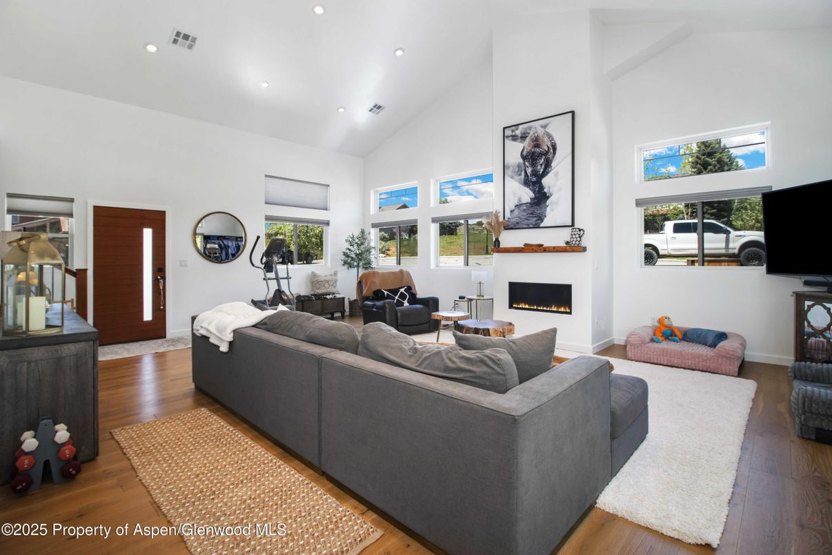 Fireplace, Interior, Living room, Recessed Lighting, Wood Texture Flooring