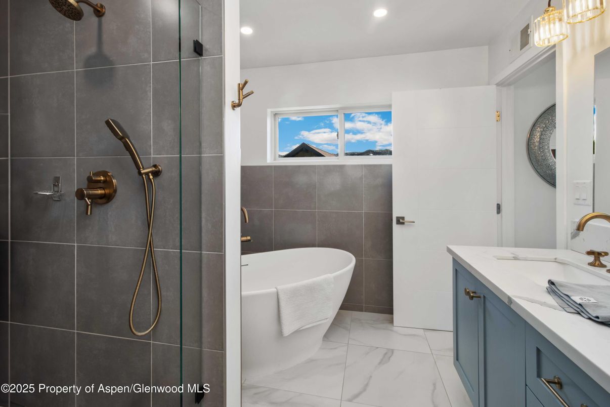 Bathroom, Free Standing Baths, Glass Shower, Interior, Marble, Recessed Lighting