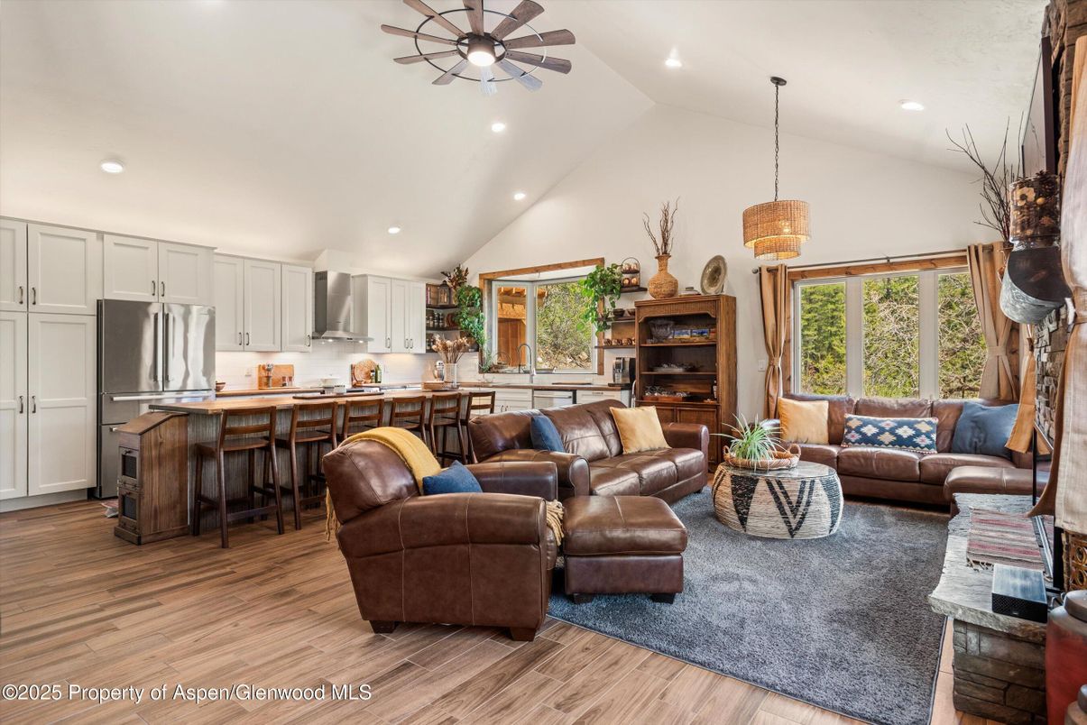 Interior, Kitchen, Living room, Pendant Lights, Recessed Lighting, Stainless Steel Appliances, Wood Texture Flooring