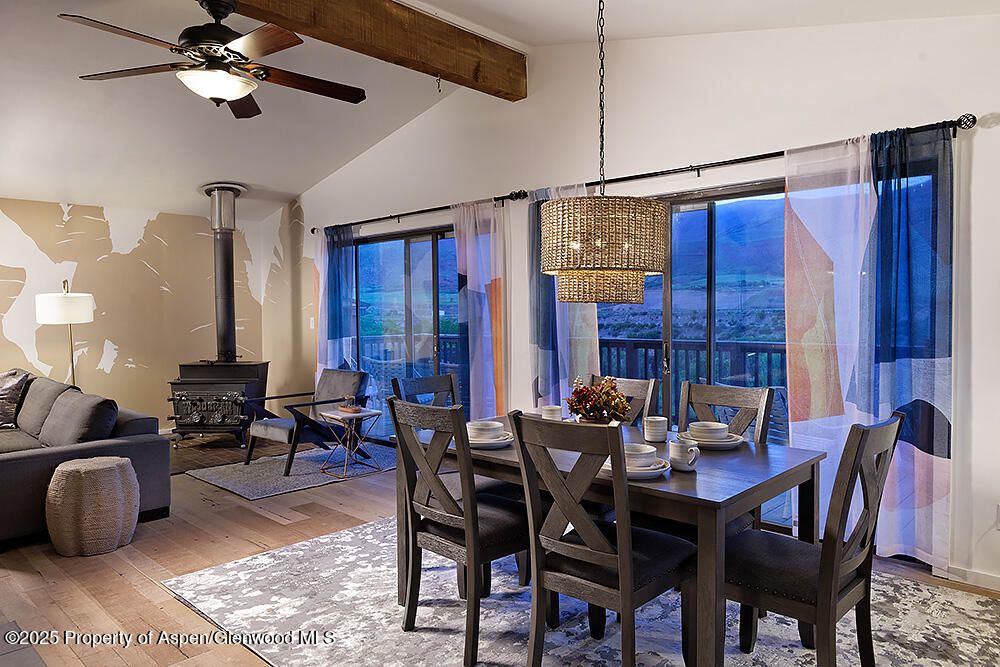 Chandelier, Dining room, Fireplace, Interior, Living room, Pendant Lights, Wooden Beams, Wood Texture Flooring