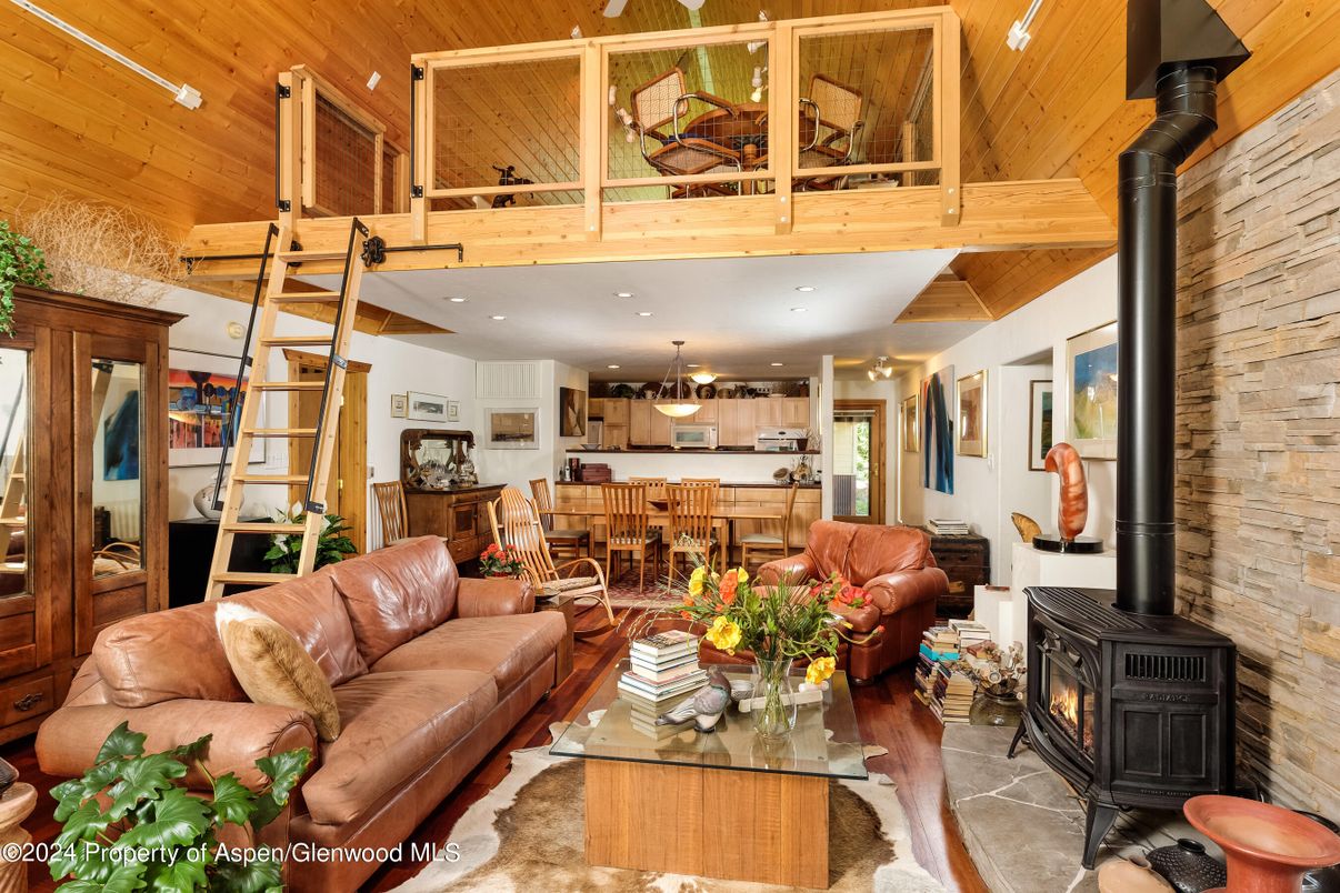 Fireplace, Interior, Kitchen, Living room, Pendant Lights, Recessed Lighting, Stone Walls, Wooden Ceilings