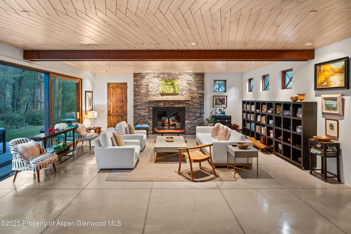 Fireplace, Interior, Living room, Recessed Lighting, Stone Walls, Wooden Beams, Wooden Ceilings