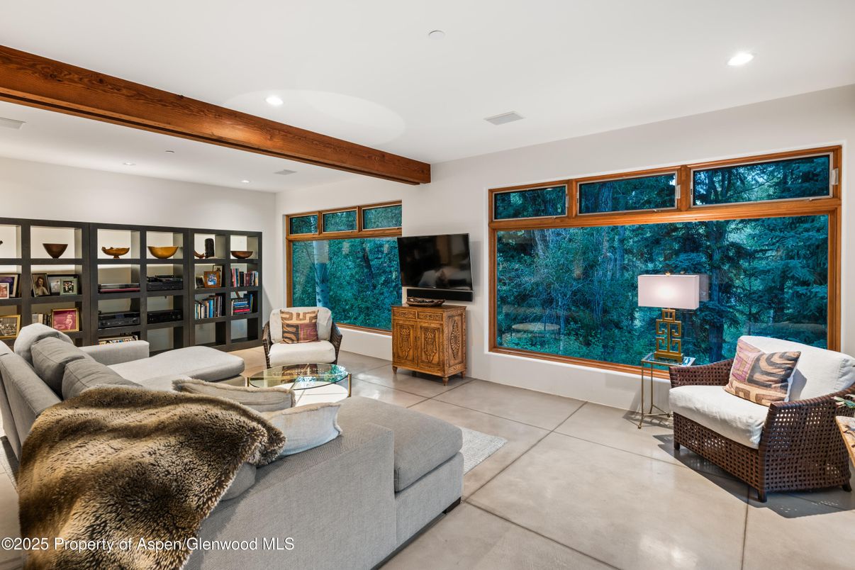 Interior, Living room, Recessed Lighting, Wooden Beams