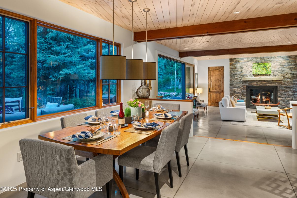 Dining room, Fireplace, Interior, Living room, Pendant Lights, Recessed Lighting, Stone Walls, Wooden Beams, Wooden Ceilings