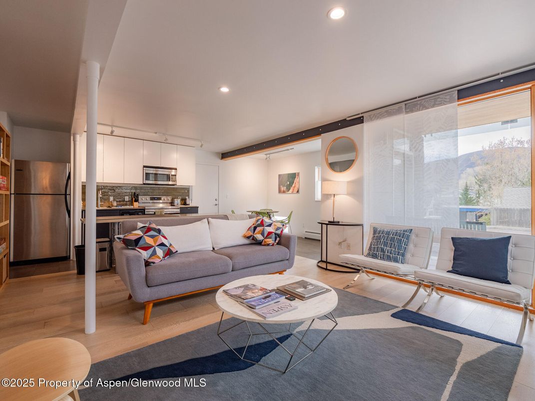 Interior, Kitchen, Living room, Recessed Lighting, Stainless Steel Appliances, Wood Texture Flooring
