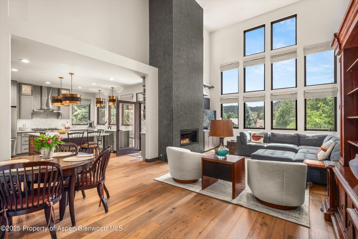 Dining room, Fireplace, Interior, Kitchen, Living room, Pendant Lights, Recessed Lighting, Wood Texture Flooring
