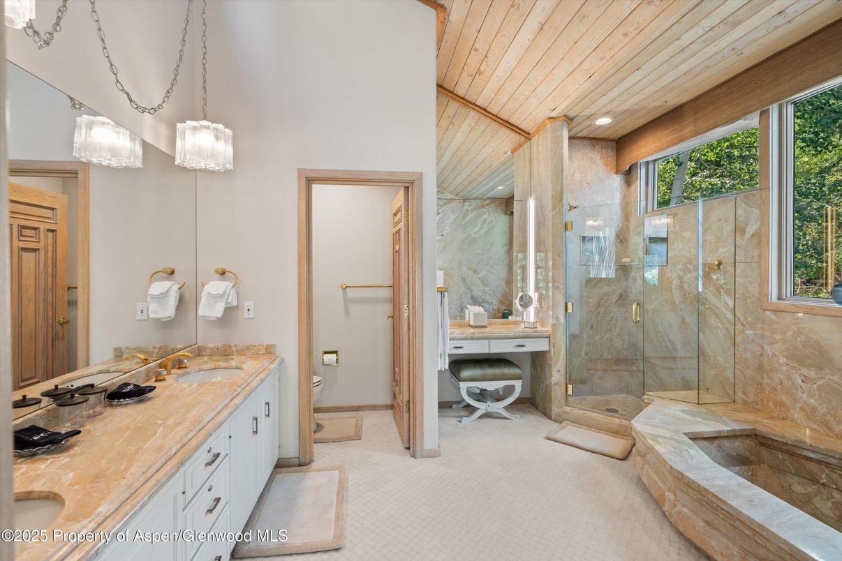 Bathroom, Dual Sink Vanities, Glass Shower, Interior, Pendant Lights, Recessed Lighting, Wooden Ceilings