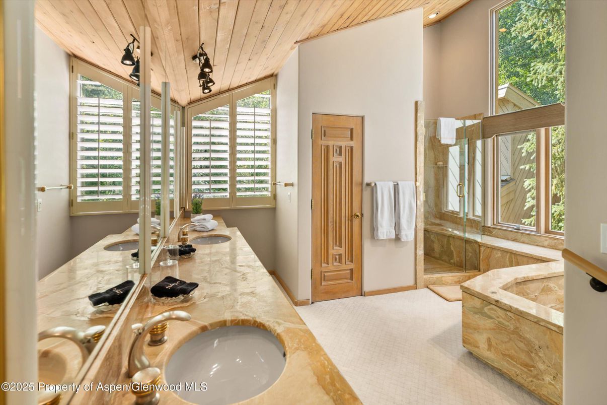 Bathroom, Dual Sink Vanities, Interior, Recessed Lighting, Wooden Ceilings