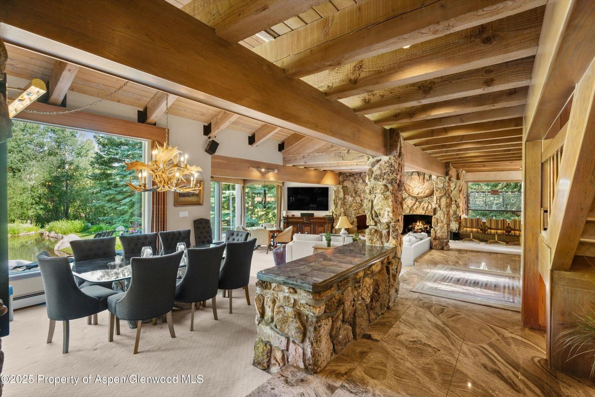 Chandelier, Dining room, Fireplace, Interior, Living room, Wooden Beams, Wooden Ceilings
