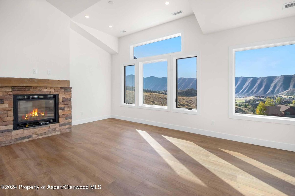 Empty room, Fireplace, Interior, Recessed Lighting, Wood Texture Flooring