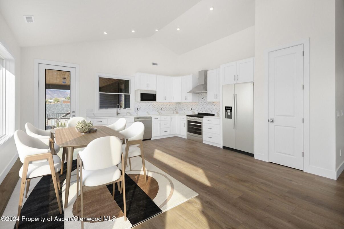 Dining room, Interior, Kitchen, Recessed Lighting, Stainless Steel Appliances, Wood Texture Flooring