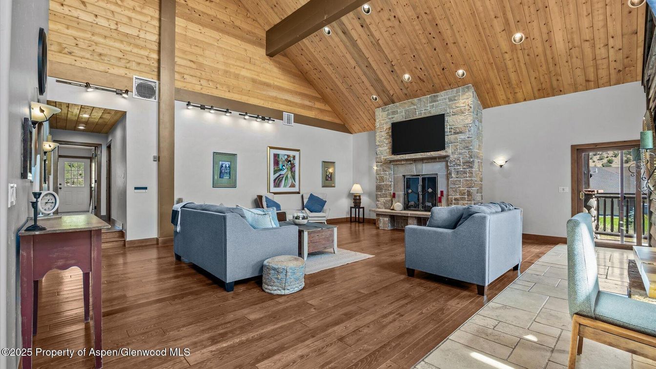 Fireplace, Interior, Living room, Recessed Lighting, Stone Walls, Wooden Beams, Wooden Ceilings, Wood Texture Flooring