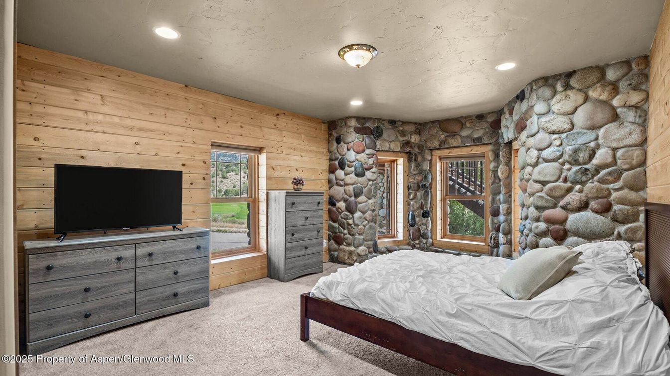 Bedroom, Interior, Recessed Lighting, Stone Walls, Wooden Walls