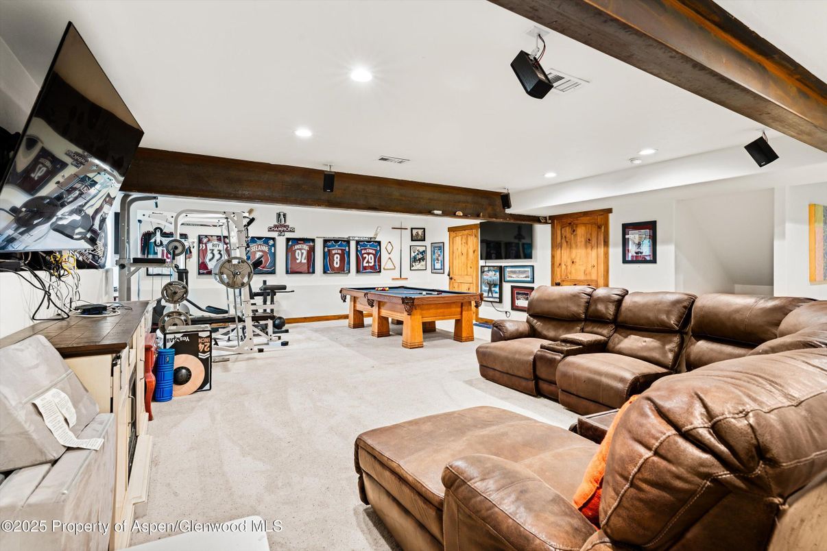 Billiard Table, Fitness Equipment, Game Room, Interior, Living room, Recessed Lighting
