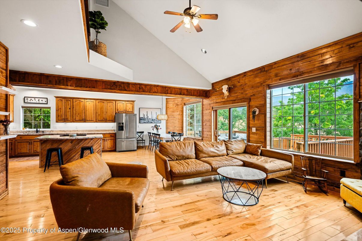 Interior, Kitchen, Living room, Recessed Lighting, Wood Texture Flooring, Wooden Walls