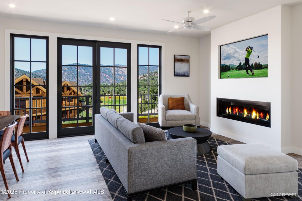 Fireplace, Interior, Living room, Recessed Lighting, Wood Texture Flooring