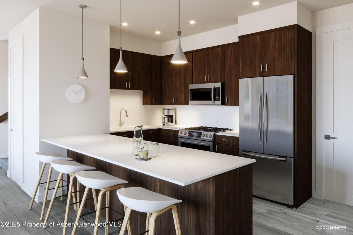 Interior, Kitchen, Pendant Lights, Recessed Lighting, Stainless Steel Appliances, Wood Texture Flooring