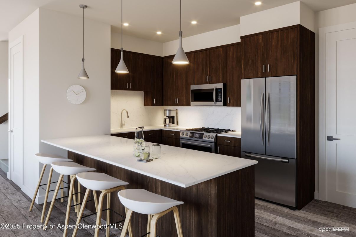 Interior, Kitchen, Pendant Lights, Recessed Lighting, Stainless Steel Appliances, Wood Texture Flooring