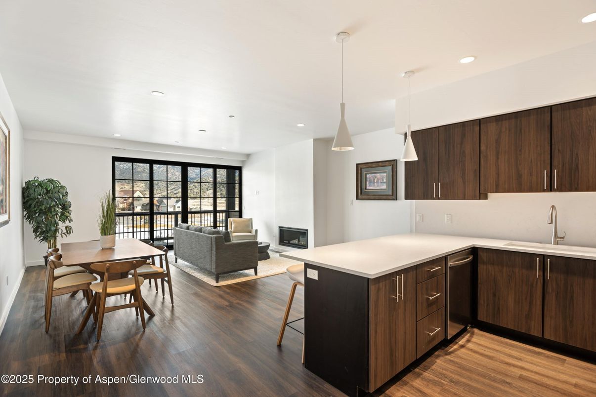 Dining room, Interior, Kitchen, Living room, Pendant Lights, Recessed Lighting, Wood Texture Flooring