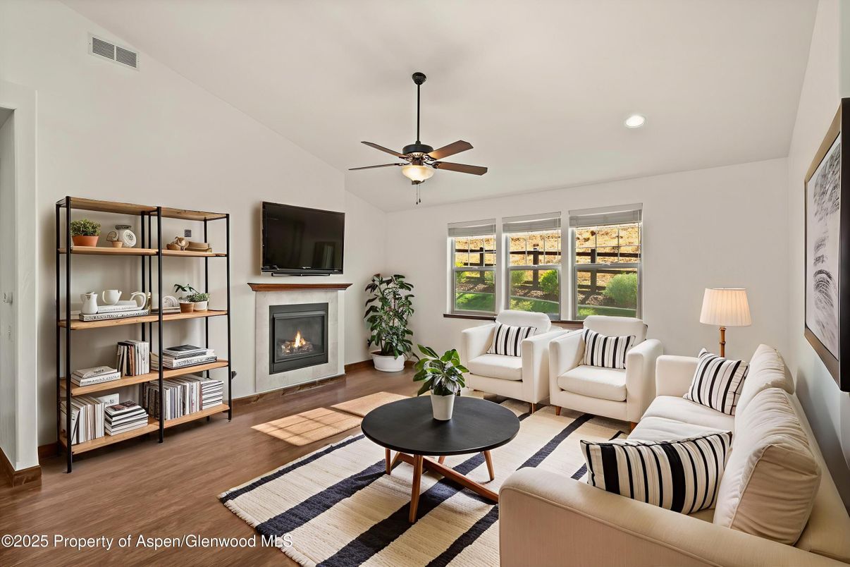 Fireplace, Interior, Living room, Recessed Lighting, Wood Texture Flooring