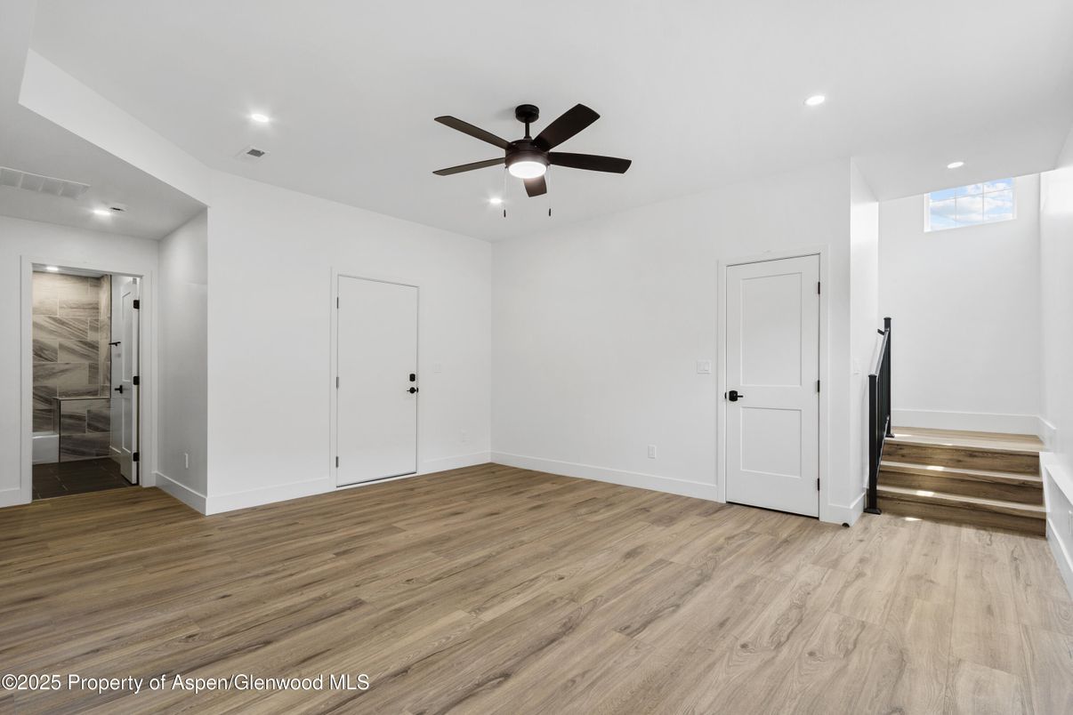 Bathroom, Empty room, Interior, Recessed Lighting, Wood Texture Flooring