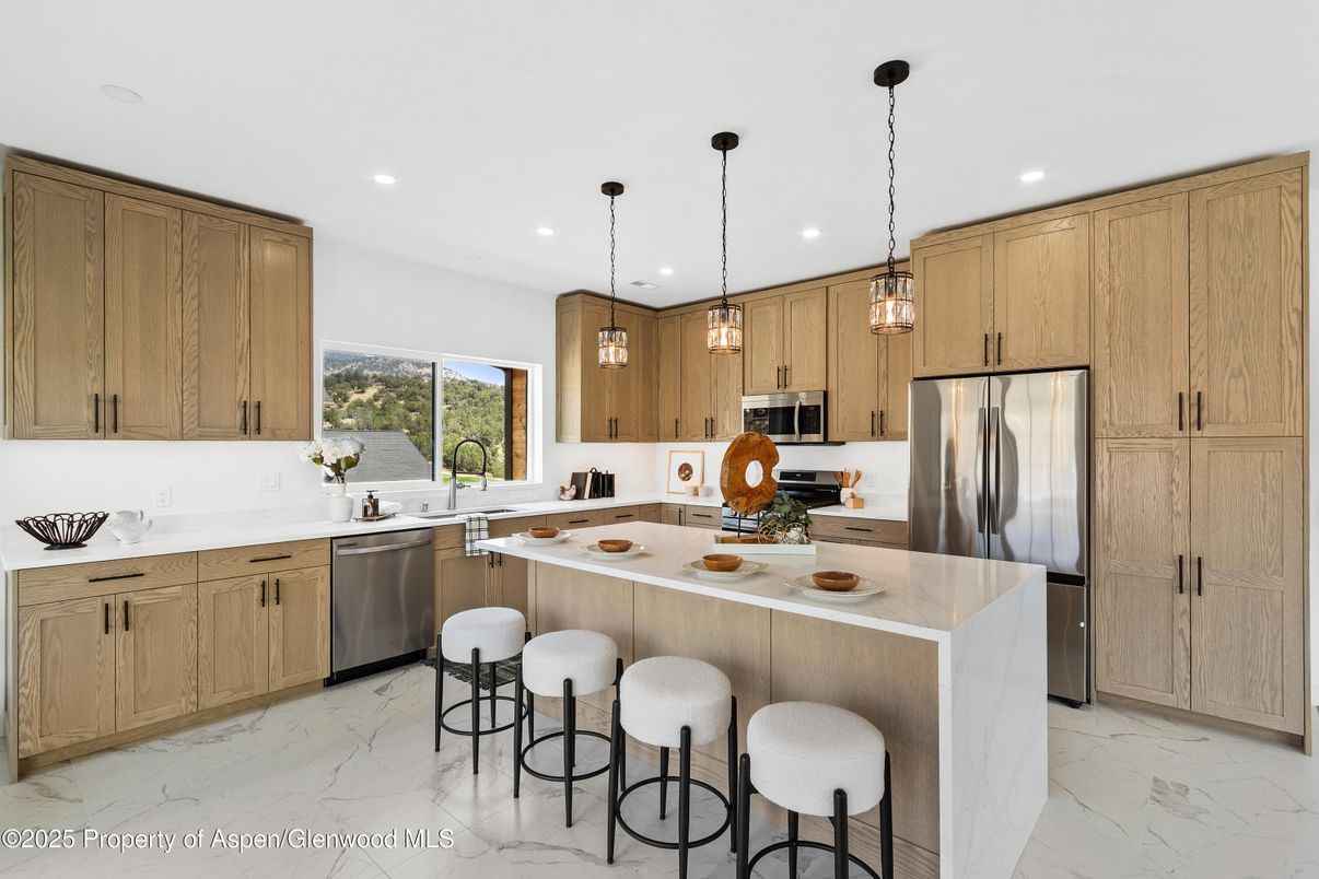 Interior, Kitchen, Marble, Pendant Lights, Recessed Lighting, Stainless Steel Appliances