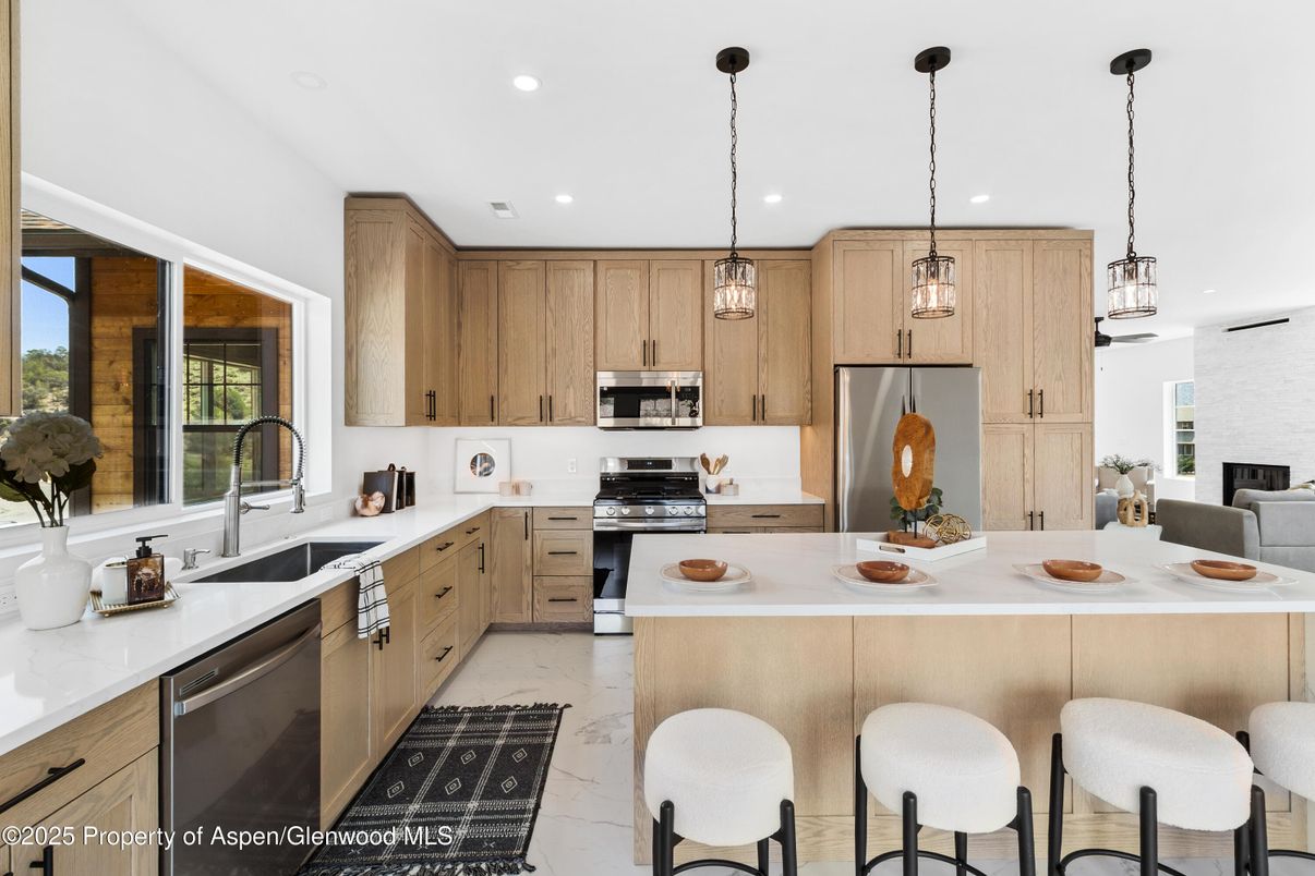 Interior, Kitchen, Marble, Pendant Lights, Recessed Lighting, Stainless Steel Appliances