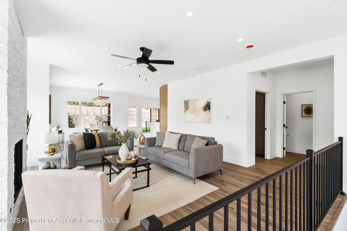 Fireplace, Interior, Living room, Pendant Lights, Recessed Lighting, Wood Texture Flooring