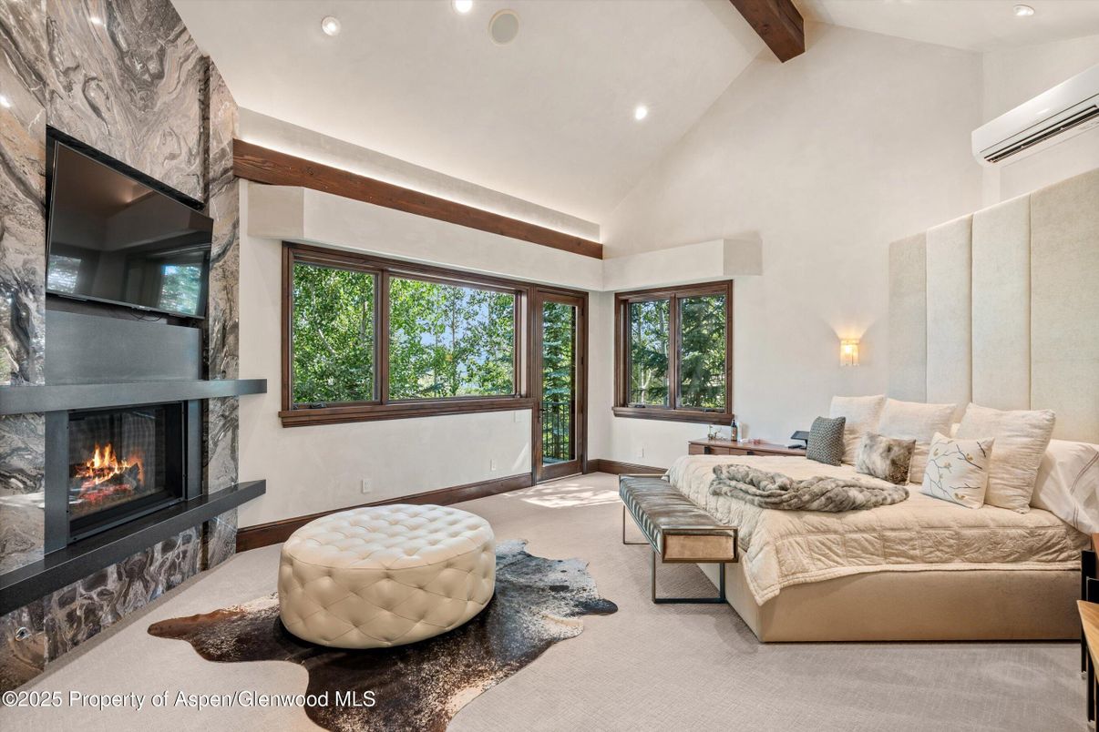 Bedroom, Fireplace, Interior, Recessed Lighting, Wooden Beams
