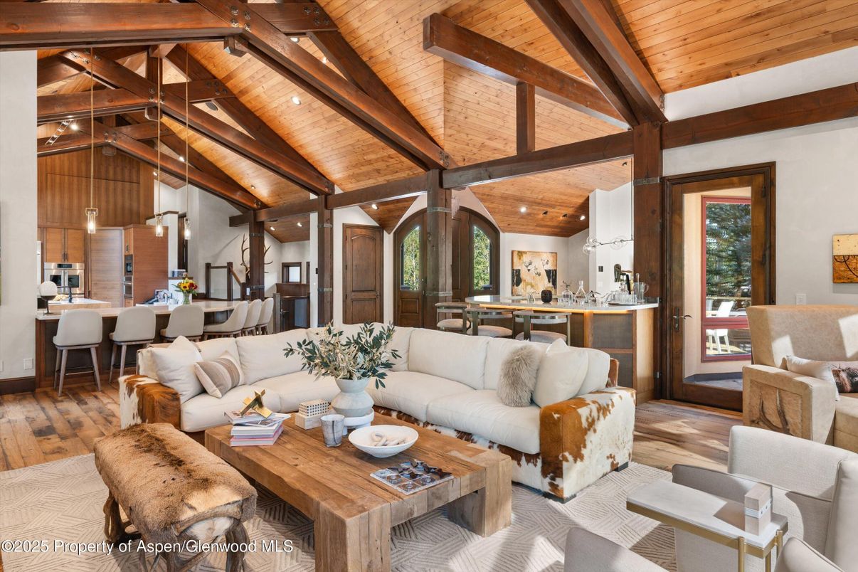 Dining room, Interior, Kitchen, Living room, Pendant Lights, Recessed Lighting, Stainless Steel Appliances, Wooden Beams, Wooden Ceilings, Wood Texture Flooring