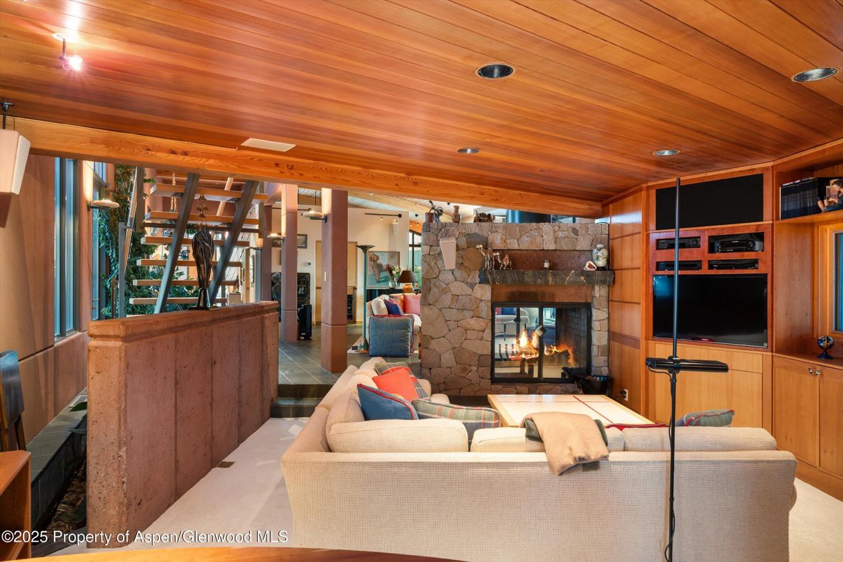 Fireplace, Interior, Living room, Recessed Lighting, Stone Walls, Wooden Ceilings, Wooden Walls