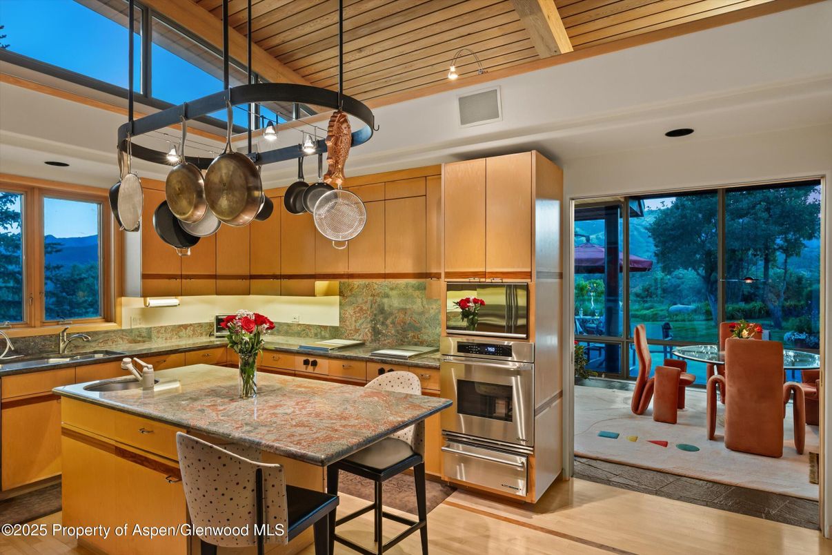 Dining room, Interior, Kitchen, Pendant Lights, Recessed Lighting, Stainless Steel Appliances, Wooden Ceilings, Wood Texture Flooring